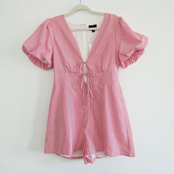 LUMIERE Red & White Striped Tie Front Puffy Sleeve Romper Jumpsuit Shorts Large - Picture 1 of 7